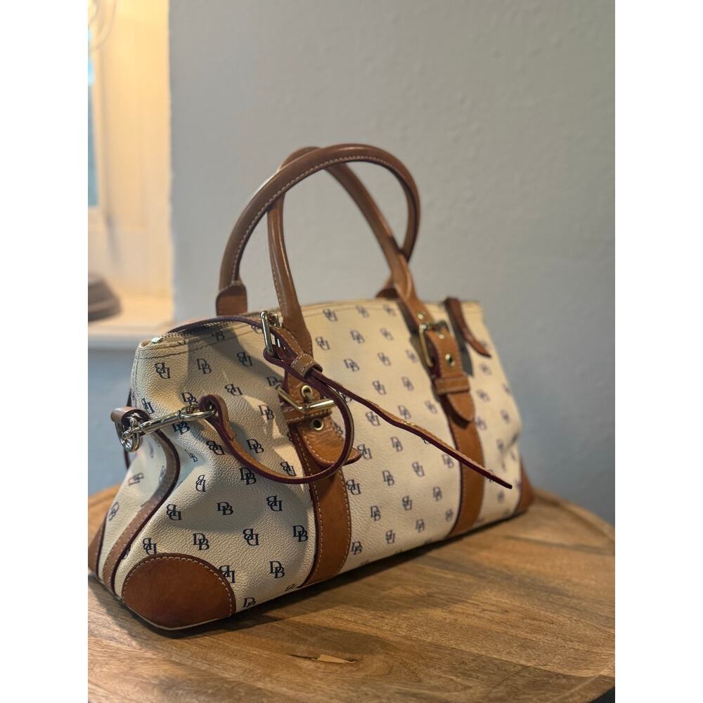 Dooney & Bourke Pebble Grain Domed Satchel – Black & Tan Leather Handbag